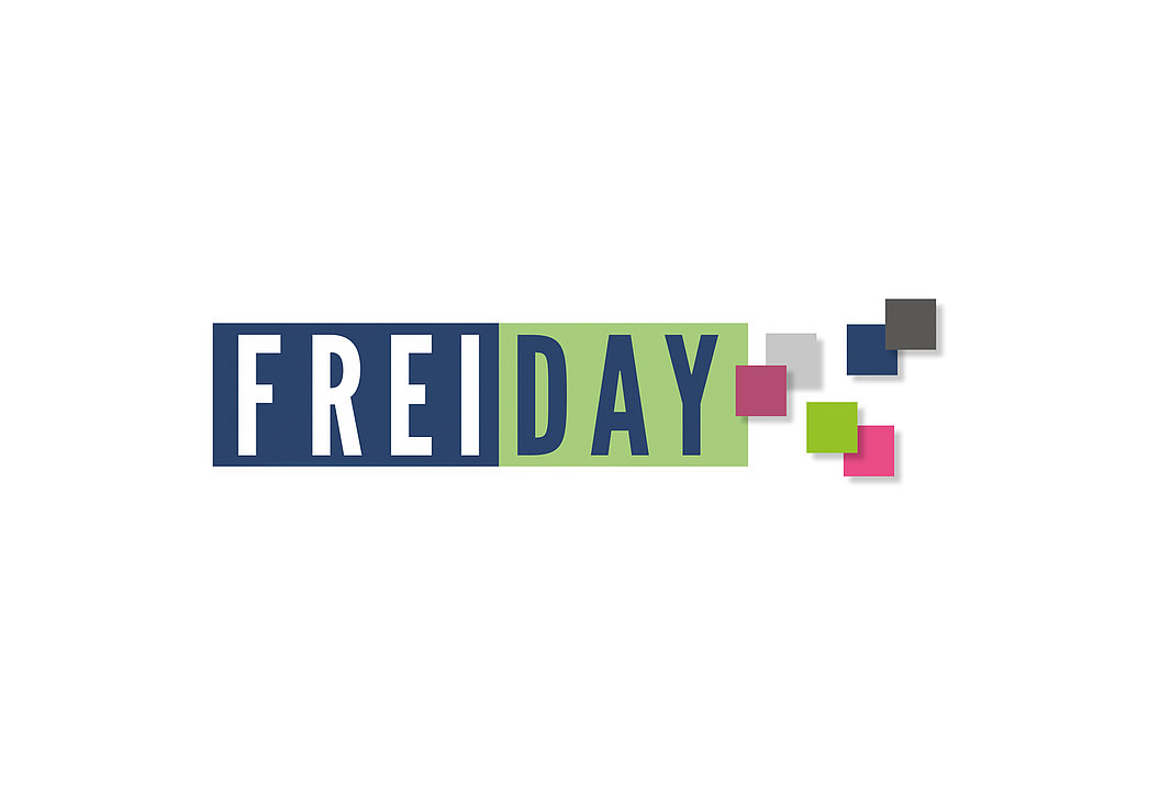Logo mit dem Schriftzug 'FREI DAY' und mehreren kleinen farbigen Quadraten rechts davon