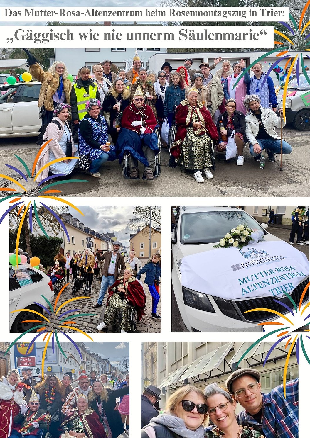 Gruppe von Menschen in historischen Kostümen vor einem Wagen mit dem Schriftzug 'Mutter-Rosa-Altenzentrum Trier' bei einem Umzug in einer Stadt