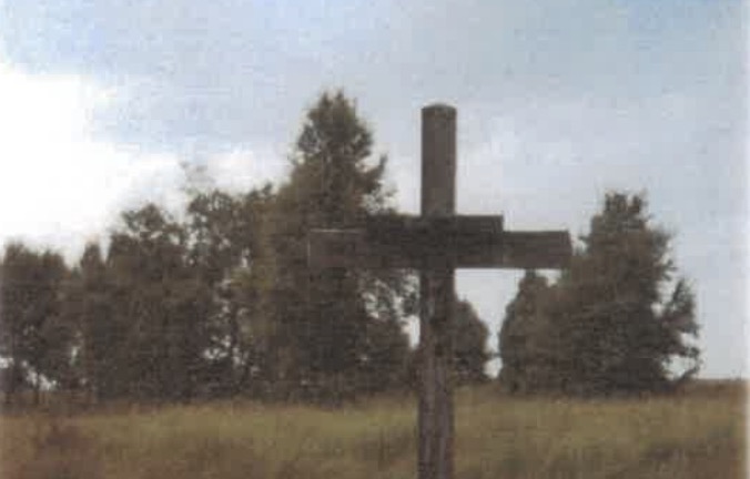 Holzkreuz auf einer Wiese vor Bäumen unter bewölktem Himmel